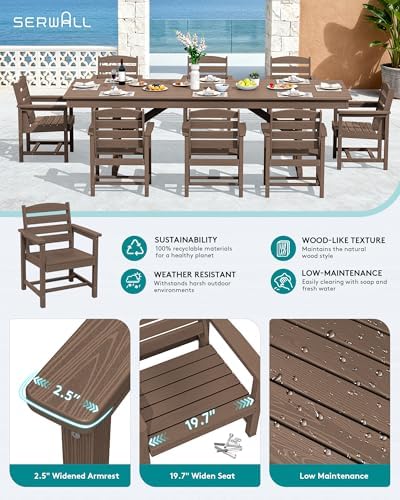 SERWALL 9Pcs 84" HDPE Outdoor Dining Set for 8 with Armchairs,Brown - Image 3