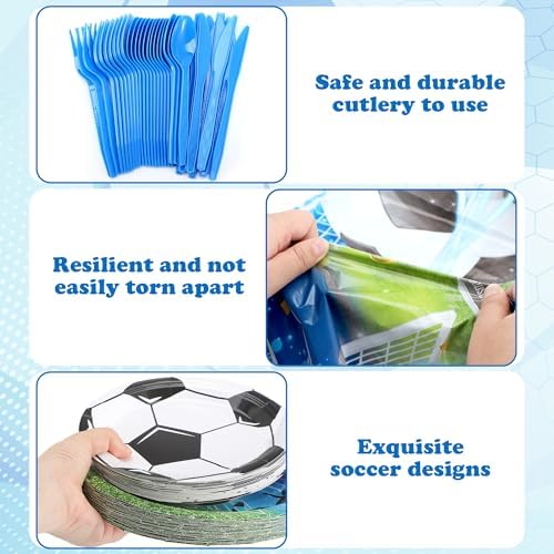 Kochorie 170 Pieces Soccer Birthday Party Decorations Soccer Paper Plates Napkins Cups Cutlery Tablecloth Triangle Flags Banner for Sports Themed Birthday Party Supplies, Serve 24 Guests - Image 4
