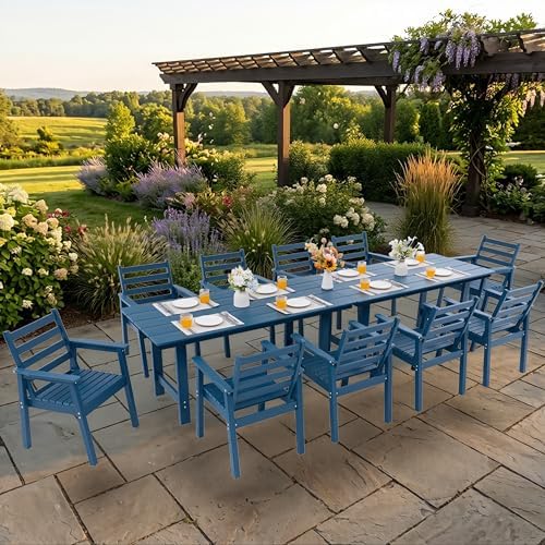 12-Piece Outdoor Dining Set, All-Weather HDPE Patio Furniture, Two 66.5" Slatted Table with 1.6" Umbrella Hole & 10 Ergonomic Armchairs, Heavy Duty 350lbs Capacity, UV Resistant, Blue by Unknown
