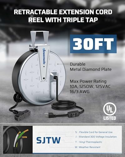 DEWENWILS Retractable Extension Cord Reel, Metal Reel with 30FT Power Cord - Image 3
