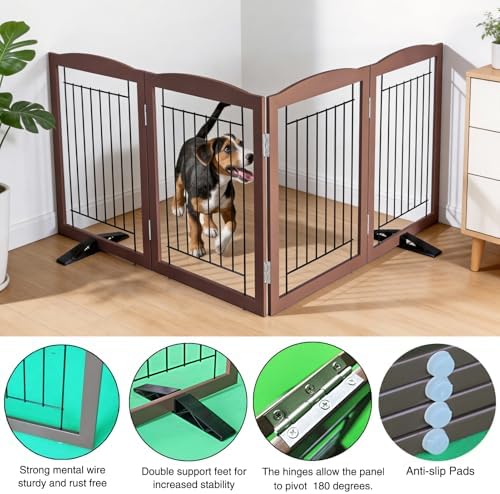 ZJSF Freestanding Dog Fence Indoor, Foldable Dog Gate for Doorways, Stairs or Hallways, Sturdy Wood Extra Wide Pet Gate with Support Feet for The House, Brown, 24 "Height-4 Panels - Image 5