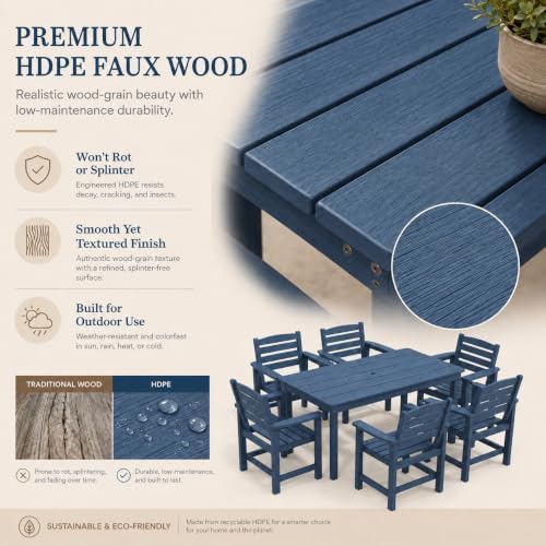 7 Pcs Outdoor Patio Dining Set, HDPE Table & Chairs with Umbrella Hole - Image 6