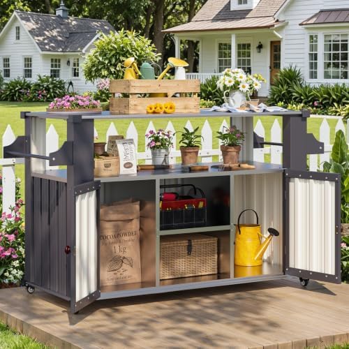 AECOJOY Outdoor Grill Cart with Stainless Steel Top, Outdoor Kitchen Island with Wheels, BBQ Prep Table, 2-Tier Storage Cabinet, Rolling Utility Station for Patio in Dark Grey - Image 2
