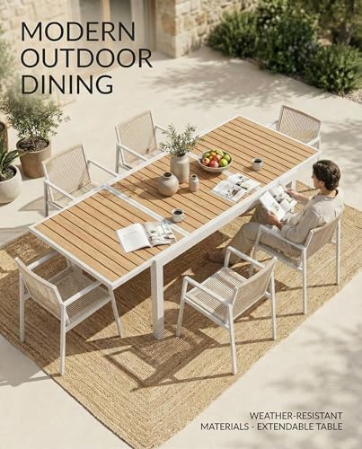 ZANDOR Expandable Outdoor Dining Set for 4-6-8,Patio Table and Chairs Set with Wood Top for Garden,Backyard,Porch,55"-82.7" Extendable Aluminum Outdoor Table Set with 8 Chairs,White - Image 3