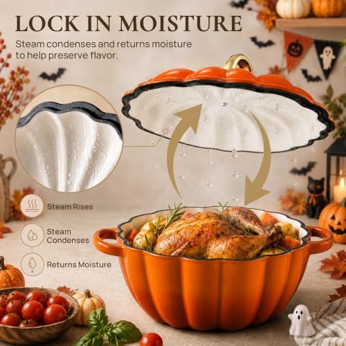 Overmont Pumpkin Enameled Cast Iron Dutch Oven with Lid,4.5 QT,Orange - Image 3