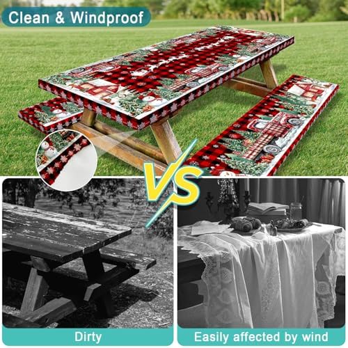 Christmas Picnic Table Cover with Bench Covers and Bag, Camping Essentials, Red Plaid Xmas Waterproof Windproof, Fitted Tablecloth Cover with Elastic Edge, for Indoor & Outdoor, 3 PCS, 30x60 Inch - Image 6