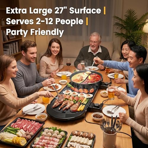 27" Hot Pot with Grill Electric BBQ Grill Combo, 2200W Indoor Korean BBQ Grill with Dual Temperature Control, Large Shabu Shabu Pot, Nonstick Tabletop Grill for 2-12 People, 110V - Image 7