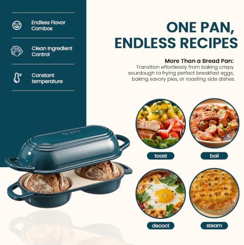 Enameled Cast Iron Bread Loaf Pan with Lid,Double Sourdough Baking Pan-Teal - Image 5