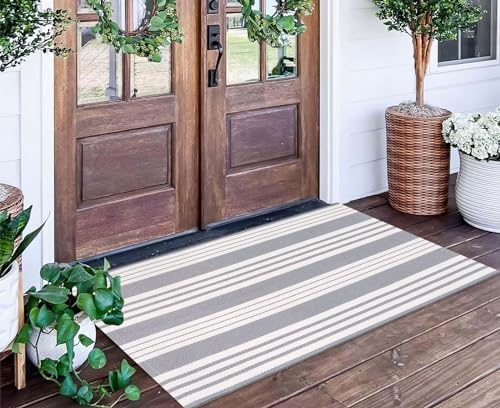 Grey and White Outdoor Rug 24"x51"Cotton Washable Striped Front Porch Rug by BUAGETUP