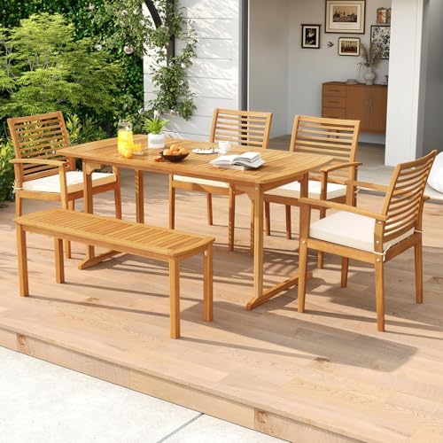 Tangkula 6 Pieces Outdoor Acacia Wood Dining Set, Rectangle Patio Dining Table with Umbrella Hole and 4 Cushioned Chairs and Bench, for Backyard Garden Poolside Deck - Image 2