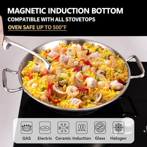 13-Inch Tri-Ply Stainless Steel Paella Pan with Lid | Induction Compatible - Image 3