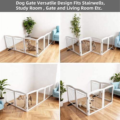 ZJSF Freestanding Dog Fence Indoor, Foldable Dog Gate for Doorways, Stairs or Hallways, Sturdy Wood Extra Wide Pet Gate with Support Feet for The House, White, 32 "Height-6 Panels - Image 4
