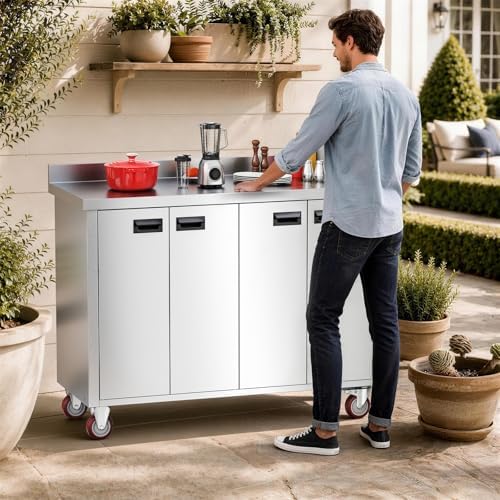 ROVSUN Stainless Steel Table with Cabinet & Wheels 47" x 19"，Commercial Pre Table with Backsplash, Heavy Duty Work Table with 4 Doors, Large Space Storage for Kitchen Restaurant Hotel Garage - Image 2