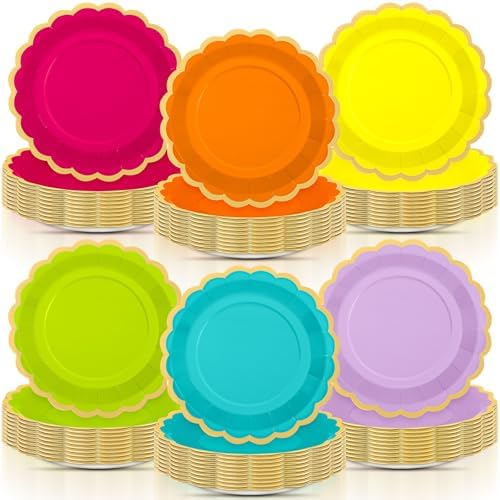 96 Pcs Sage Paper Plates 9 Inch Scalloped Neon Colorful by Tiangrid