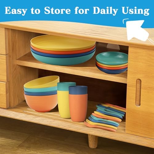 Wrova Wheat straw plates and bowls sets with cutlery - Unbreakable wheat straw dinnerware sets of 28 - Microwave safe plates,bowls,cups for camping,kitchen,new apartment.Colorful - Image 6