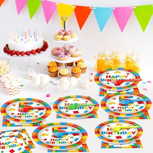 96 Pcs Building Blocks 5th Birthday Paper Plates and Napkins Building Bricks 5th Happy Birthday Tableware Set Brick Theme Party Disposable Plates Set for Boys Kids 5 Years Old Party Decorations - Image 5