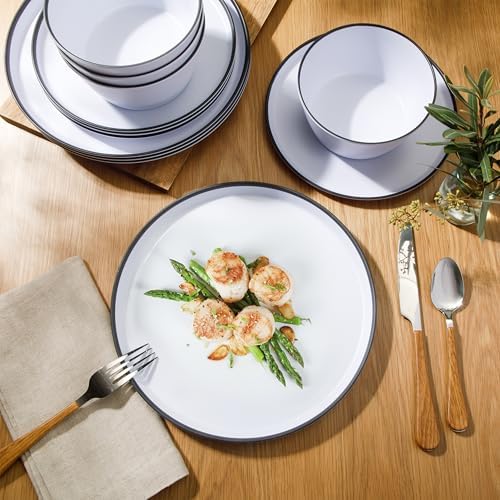 Gibson Home Folsom Shores 12 Piece Unbreakable Modern Melamine Plates and Bowls Dinnerware Set - Outdoor, Camping, & Everyday Use - White W/Black Rim - Image 3