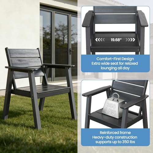 HDPE Outdoor Dining Table and Chairs, 7-Piece Patio Table and Chairs Set, Outdoor Dining Set for 6, All-Weather Dining Furniture Set with Umbrella Hole, Black - Image 4