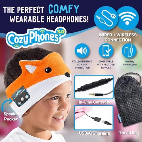 CozyPhones Toddler Headphones Wireless, Kids Bluetooth Earphones, Safe Volume - Wired School Headphones for Kids with 3.5 MM Jack and Travel Bag - Toddler Airplane Accessories for Boys & Girls - Fox - Image 4