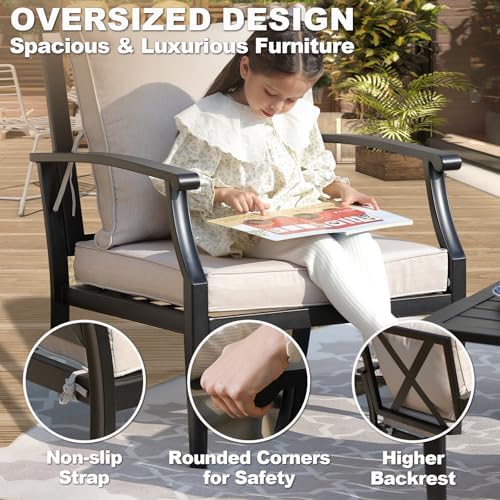 4-Piece Patio Furniture Set, Wider Outdoor Metal Seating Sofa with High Back & Lovsest, Coffee Table, All Weather Conversation for Backyard, Poolside, Deck-Beige - Image 3