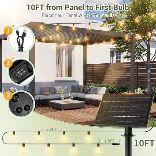 100FT Solar Outdoor String Lights with 36+2 Edison Shatterproof Waterproof Bulbs, 2200K Commercial Grade Patio Lights, Heavy Duty Outside Hanging for Garden Porch Deck Decor - Image 6