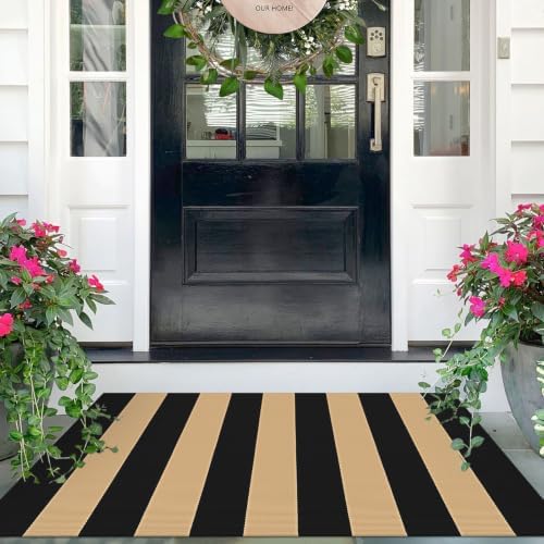 IOHOUZE 27.5x43 Striped Outdoor Door Mat, Washable Porch Rug, Black/Tan by iOhouze
