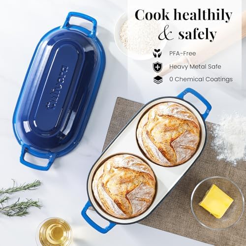 Cast Iron Bread Pan with Lid, Mini Enamel Sourdough Baking Dutch Oven Pot, Double Round Loaf Space for Homemade, Bread, Cake, Meatloaf, 16.5cm Diameter, 500°F Oven Safe, Non Stick, Blue - Image 6
