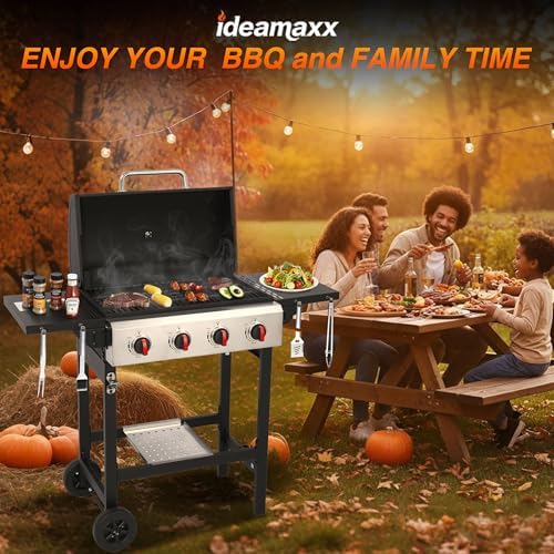 4-Burner Propane Gas Grill with Cast Iron Grates, 38200 BTU output,Foldable Side Shelves for Portable Outdoor Patio Camping, Black (4 burner) - Image 3