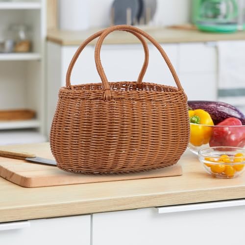 POPETPOP Rustic Imitation Rattan Woven Basket PP Material Multi-Function Fruit Vegetable Organizer for Outdoor Picnic and Decorative Storage - Image 5