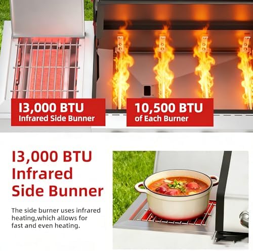 Veralune 4 Burner Gas Grill with Infrared Side Burner, Side Shelves, Wheels - Image 2