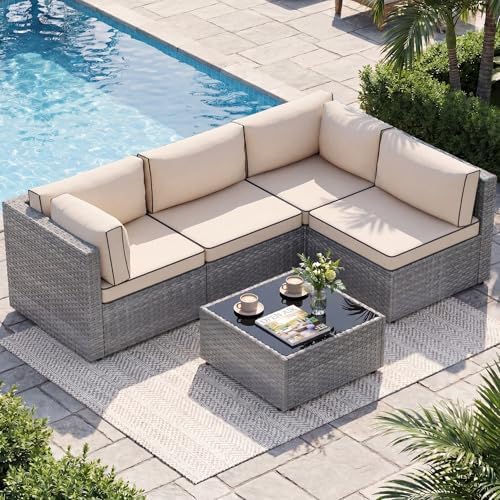 Shintenchi 5 Piece Outdoor Patio Furniture Set with Silver PE Rattan, Khaki by Shintenchi%7CFurnitureMadeforRealLife