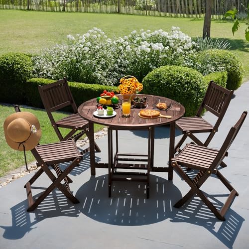 Devoko Acacia Wood Outdoor Patio Folding Table and Chairs Set for 4 - Image 2