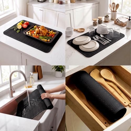 MicoYang Silicone Dish Drying Mat for Multiple Usage,Easy clean,Eco-friendly,Heat-resistant Silicone Mat for Kitchen Counter or Sink,Refrigerator or Drawer Liner Black 4XL 32 inches x 18 inches - Image 4