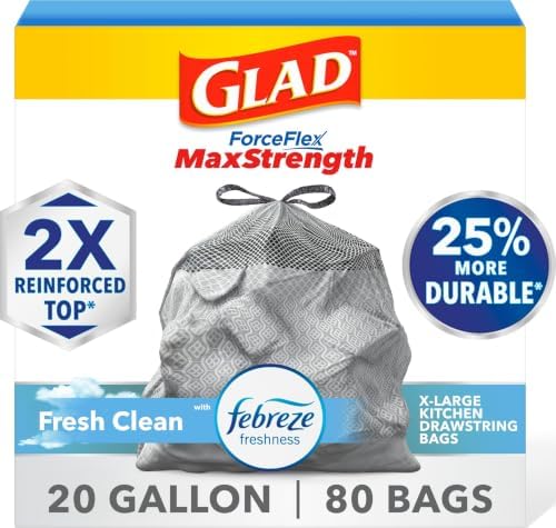 Glad ForceFlex MaxStrength Kitchen Trash Bags, Rip and Tear Resistant, Fresh Clean Scented Large Garbage Bags, Odor Control, Febreze Freshness, 20 Gallon Trash Bags, 80 Count by GladTrashFoodStorage