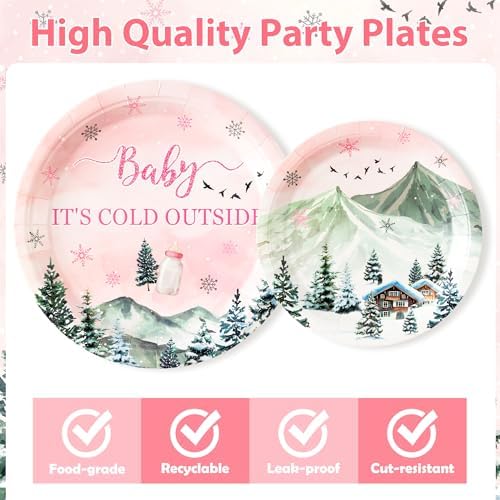 96Pcs Baby It's Cold Outside Pink Winter Wonderland Party Plates Supplies - Party Tableware Decoration Disposable Paper Plates Napkins Fork for Birthday Christmas Baby Shower, Serves 24 - Image 3