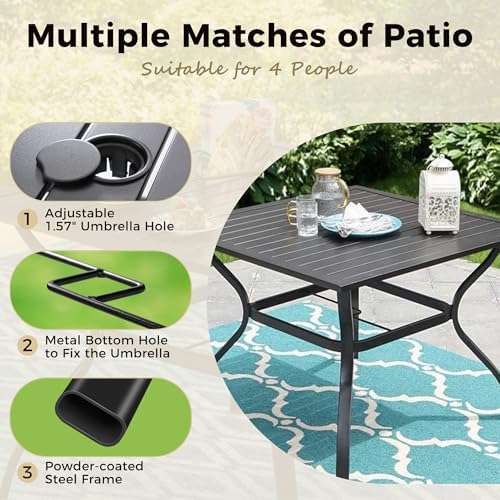 MIXPATIO Patio Table w/Umbrella Hole, Black Metal Dining Table for 4 - Image 5