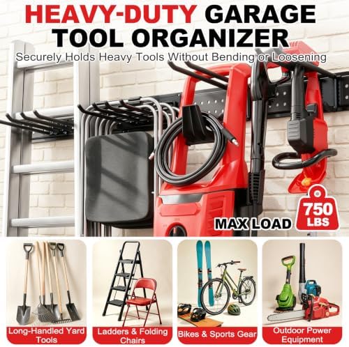 Garage Tool Organizer Wall Mount 99 inches with 18 Adjustable Heavy-Duty Hooks, Garage Organization, Garden Tool Storage Rack, Yard, and Shed, Holds Up to 750 lbs - Image 3