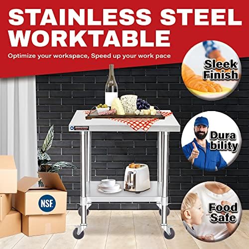 DuraSteel 30x24 NSF Stainless Steel Cart Work Table - Heavy Duty Rolling Food Prep Table - Metal Utility Cart on Wheels Caster, Grill Stand Microwave Outdoor Kitchen Tables Countertop Island Large Top - Image 3