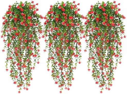 RECUTMS Artificial Hanging Plants Faux Hanging Vine Red Flowers Fake Plants by RECUTMS