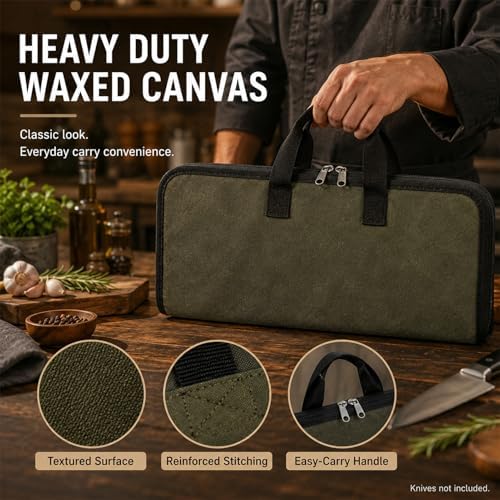 4 Slots Chefs Knife Roll Bag Zipper Waxed Canvas Case Army Green - Image 5
