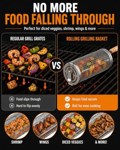 Rolling Grill Basket for Outdoor BBQ, 2-Pack with Secure Snap Lock - Image 2
