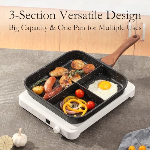 ESLITE LIFE Nonstick Divided Grill Pan for Stove Tops, 11 Inch Versatile 3-In-1 Breakfast Pan, Square Big Grilling Steak Pan for Indoor & Outdoor Cooking, PTFE & PFOA Free, Black - Image 6