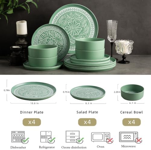 MissYip Melamine Dinnerware Set, 12 Piece for 4, Thicker Sturdy Indoor and Outdoor Use Tableware, Durable Plastic Plates and Bowls set, BPA Free, Dishwasher Top Safe, Not Microwave, Not Oven(Green) - Image 2