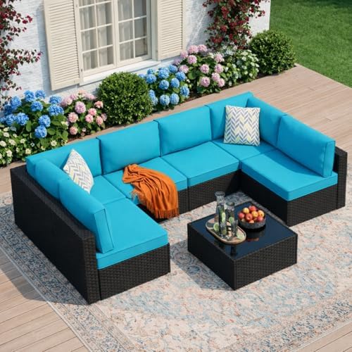 JAMFLY 7-Piece Outdoor Patio Furniture Set, Modular PE Rattan Sectional Sofa with Thick Cushions & Glass Coffee Table, Weather-Resistant Wicker Conversation Set for Poolside, Balcony, Garden, Blue by JAMFLY