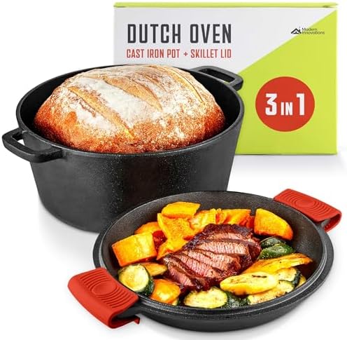 Modern Innovations 3-in-1 Dutch Oven & Skillet Combo, Preseasoned Cast Iron Cookware Set, 5QT Dutch Oven, 1.6QT Skillet with Lid, Versatile Pots and Pans for Camping & Home Cooking by ModernInnovations