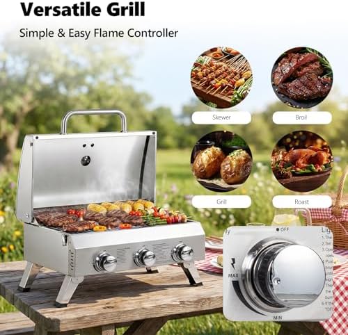 Bonnlo 3 Burner Portable Gas Grill, 30,000 BTU Tabletop Camping Grill with Ignition & Lockable Lid, Stainless Steel Propane Grill with Foldable Legs & Thermometer for Outdoor Patio BBQ RV Use - Image 5