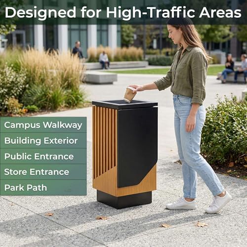 13 Gallon Square Outdoor Trash Can - Decorative Steel and Wood Composite Commercial Waste Receptacle with Hinged Lid and Galvanized Steel Liner for Hotels, Retail Stores, and Entryways - Image 4