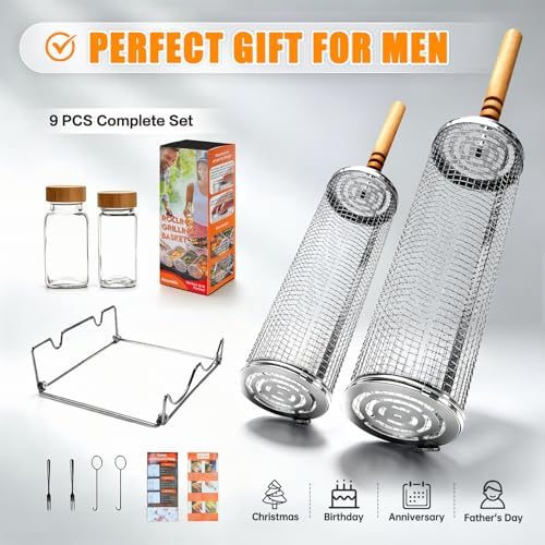 Rolling Grill Basket,Removable Wooden Handle with Condiment Bottle and Stand, 304 Stainless Steel,Nesting BBQ Tools, Smoker Grilling Accessories for Vegetable Shrimp, Birthday Gifts for Men Dad Husban - Image 7