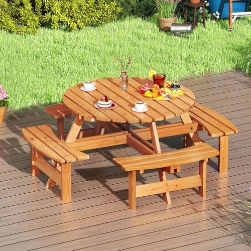 GIANTEX 8-Person Round Picnic Table Set with 4 Benches, 550 LBS Bench Capacity, 2" Umbrella Hole, Circular Outdoor Wood Dining Table & Chairs for Patio Yard Garden Porch Deck (71”x71”x28”,Yellow) - Image 2