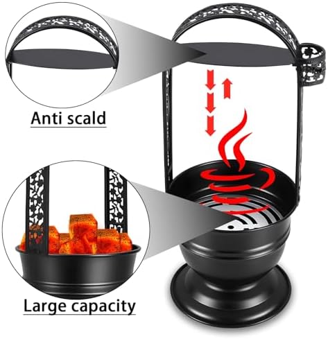 Portable Hookah Charcoal Basket with Coal Tongs,50 pre-Cut foil Sheets, 50 hygienic mouthpieces - Metal Storage Container & Holder for Shisha Accessories (Black Basket 13.7") - Image 4